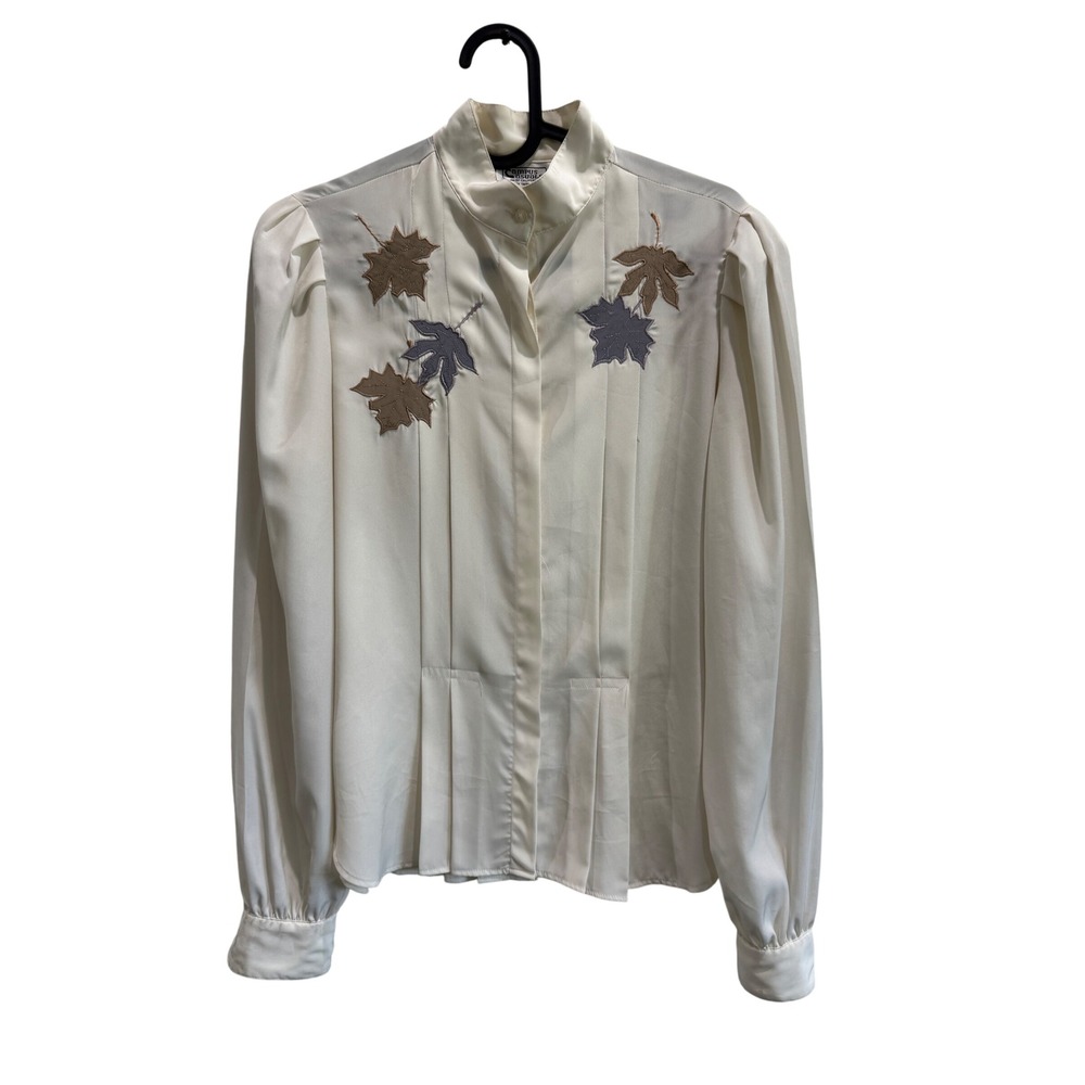 Vintage 80s Campus Casuals Top‎ Autumnal Leaf Applique Pleated Blouse Ivory